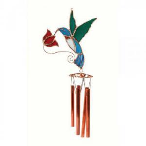 Stained Glass Hummingbird with Red Flower Wind Chime