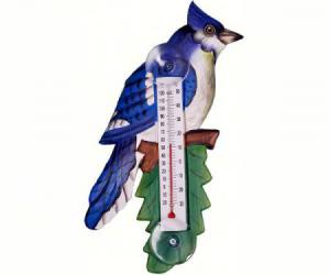 Songbird Essentials Blue Jay on Branch Small Window Thermometer