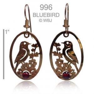 Bluebird, Hollyhocks, and Garnet Earrings