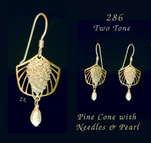 Pine Cone with Needles and Pearl Earrings