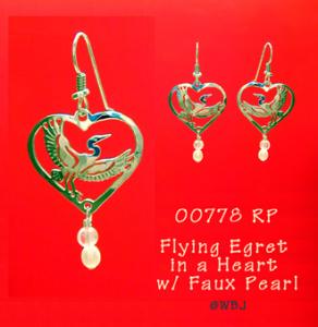 Flying Egret in a Heart with Faux Pearl Earrings
