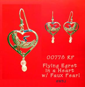 Flying Egret in a Heart with Faux Pearl Earrings