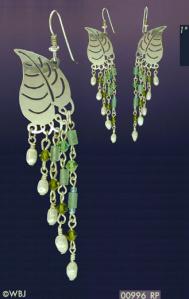 Leaf  with Tendril Pearls and Crystals Earrings
