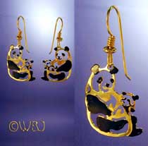 Sitting Panda with Baby and Black Enamel Earrings